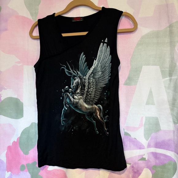 Spiral Direct Tops - Spiral Direct Black Tank Top with Winged Horse Pegasus Unicorn Design Mythical M